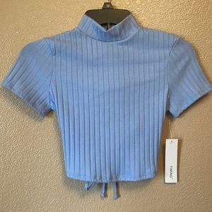 Blue high neck crop top with open back and tie. Size:M- could fit small/ medium.